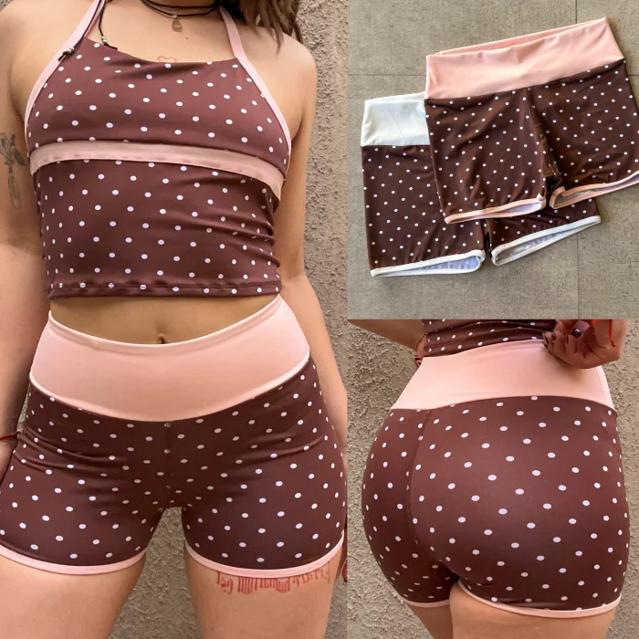 Short Leggin Calza Lunares Marron y Rosa Deportivo Corto