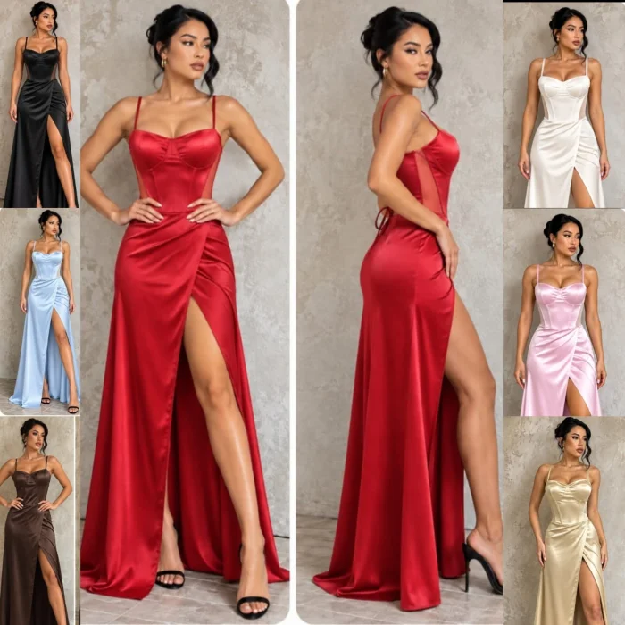 Vestido Largo de Satén con Tul en Contraste