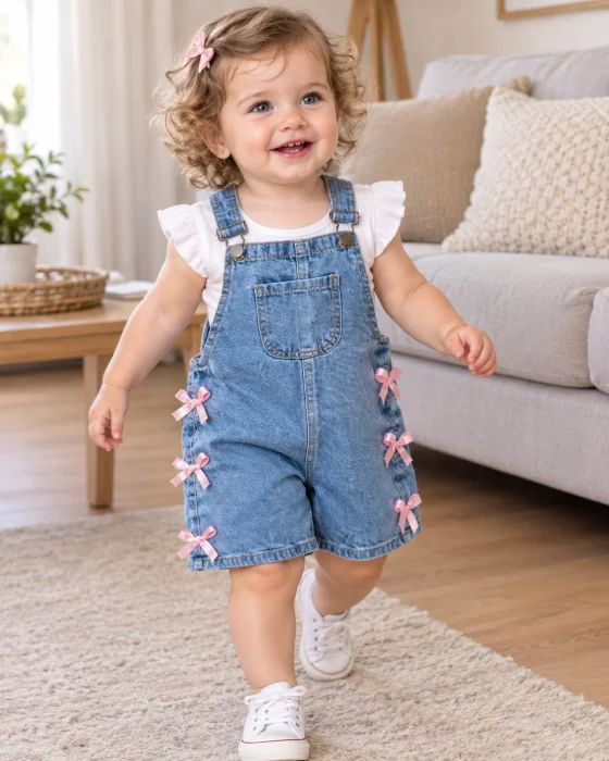 Jardinero de Jeans Rígido con Moños y Puntilla de Beba