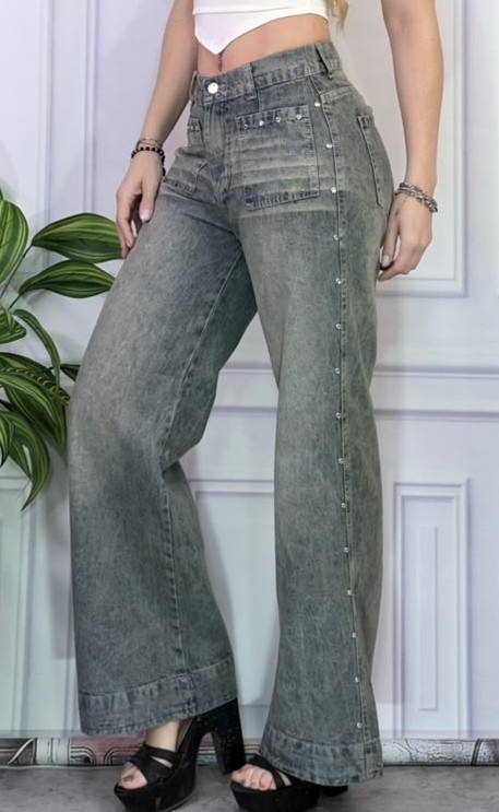 Jeans Wide Leg  Tachas con Brillo ( Rigido ) - Imagen 2
