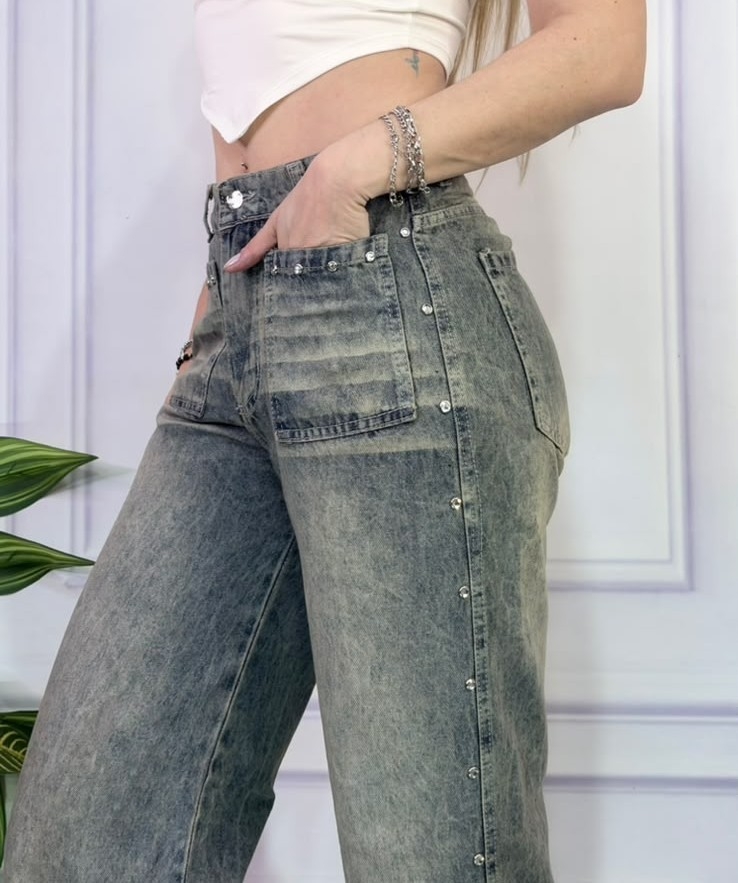 Jeans Wide Leg  Tachas con Brillo ( Rigido ) - Imagen 4