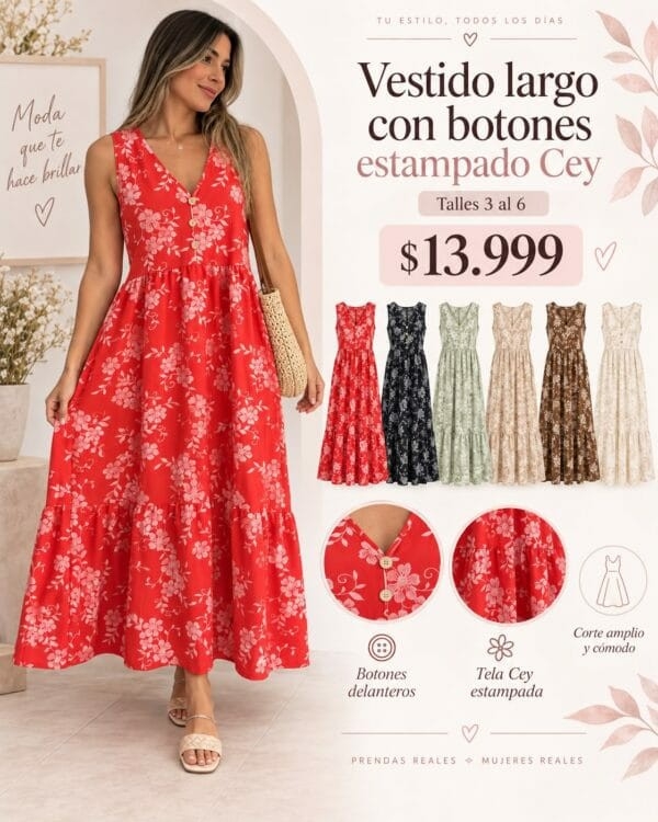 Vestido Cey Liso y Estampado con Botones Largos - Imagen 3