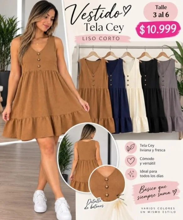 Vestido Corto Cey Liso y Estampado con Botones Corto