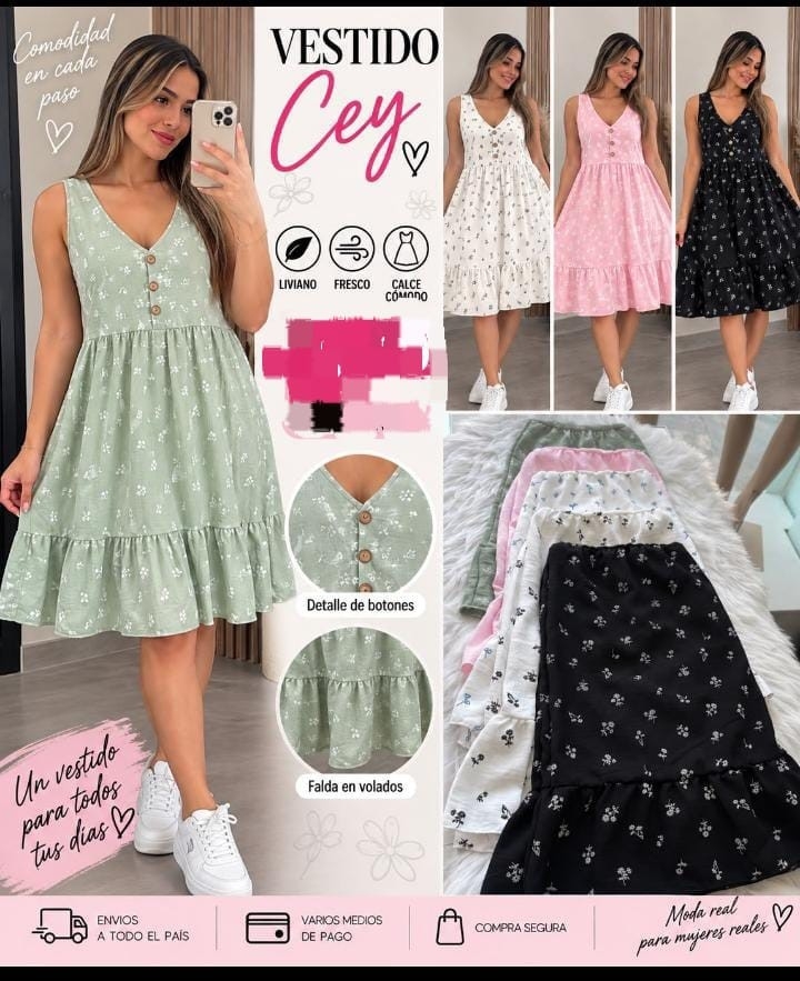 Vestido Corto Cey Liso y Estampado con Botones Corto - Imagen 2