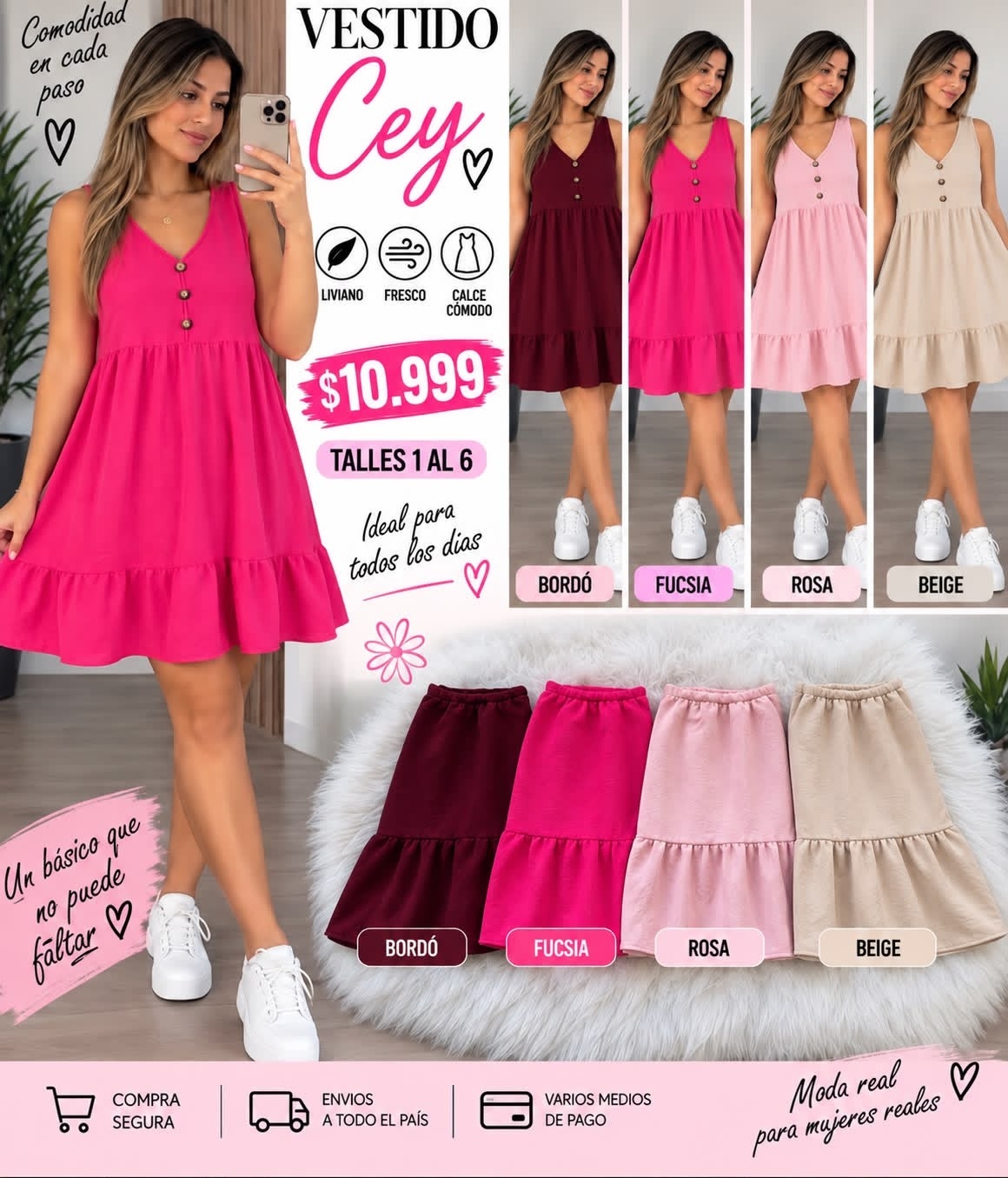 Vestido Corto Cey Liso y Estampado con Botones Corto - Imagen 3