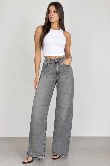Wide Leg Elastizado Gris Arenado