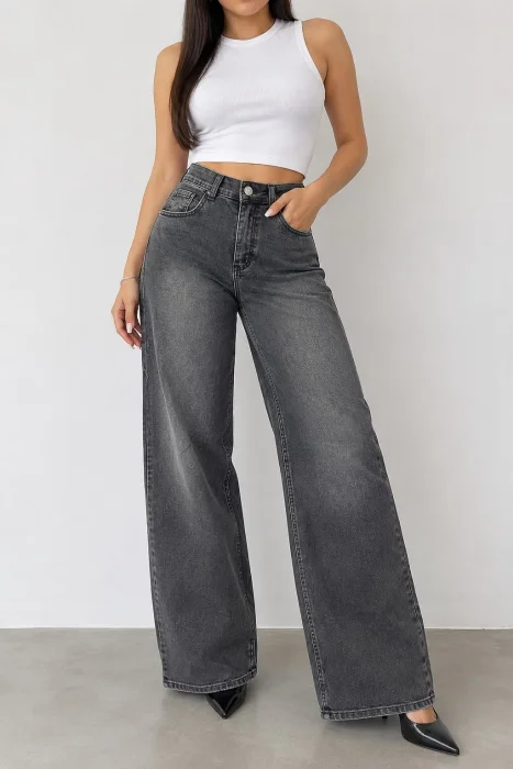 Wide Leg Elastizado Gris Oscuro