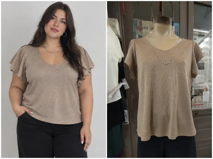 Remera Brillosa Manga con Volado