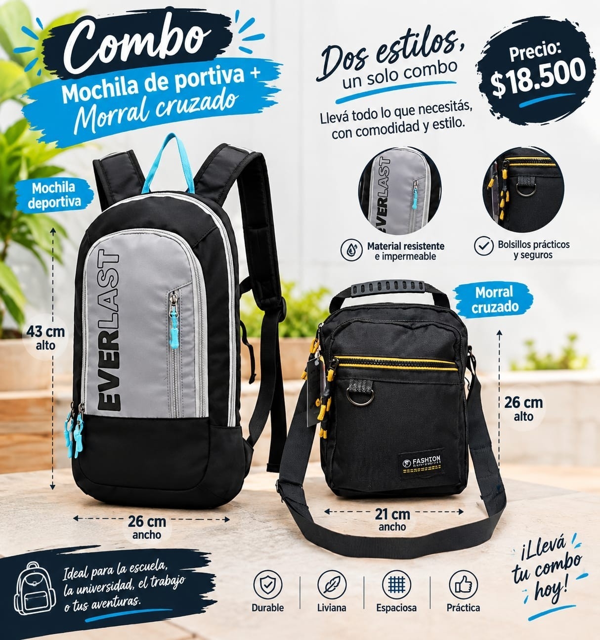 Super Combo Mochila Deportiva  + Morral Cruzado  de Excelente Calidad Mochila - Imagen 3