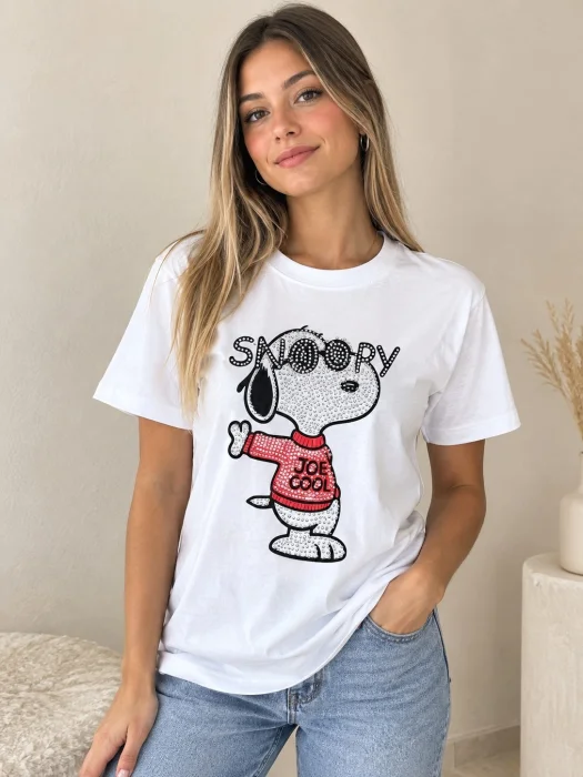 Remera Algodón Peinado con Estampado Strass