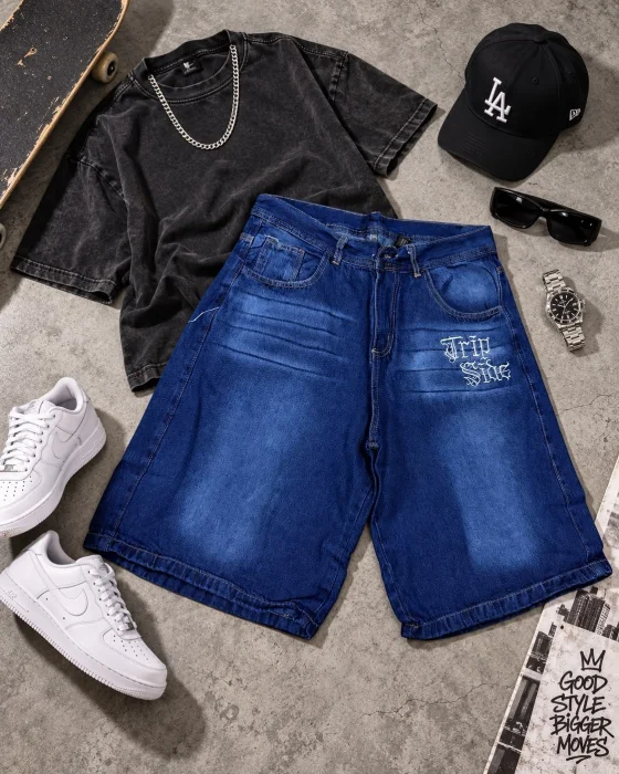 Bermuda Baggy Azul Bordado