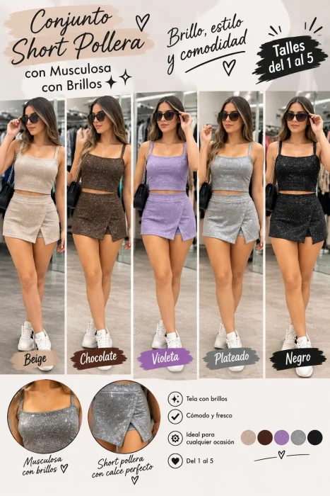 Conjunto Short Pollera con Musculosa con Brillos
