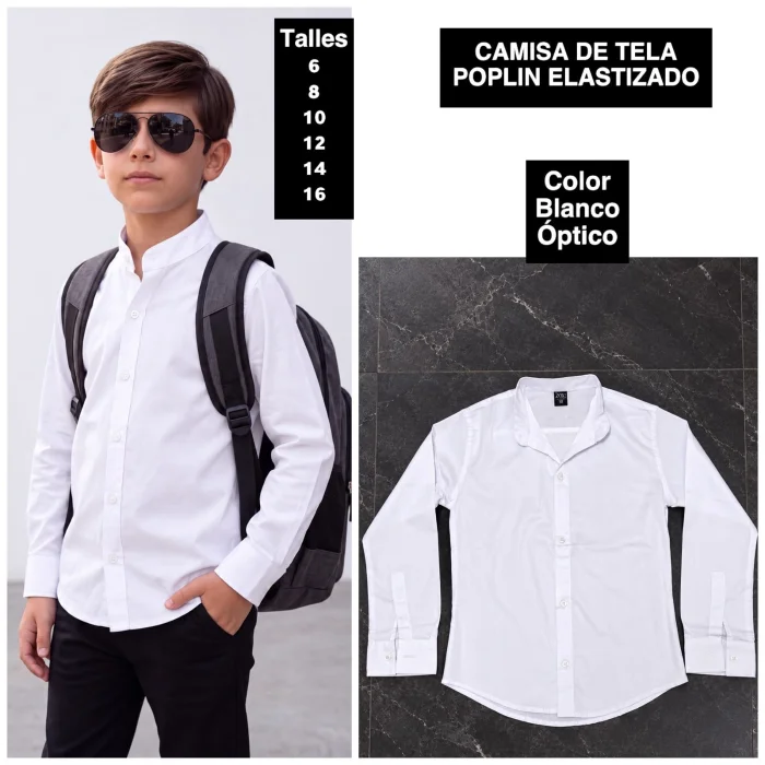 Camisa de Niño Tela Poplin Elastizado  Cuello Mao