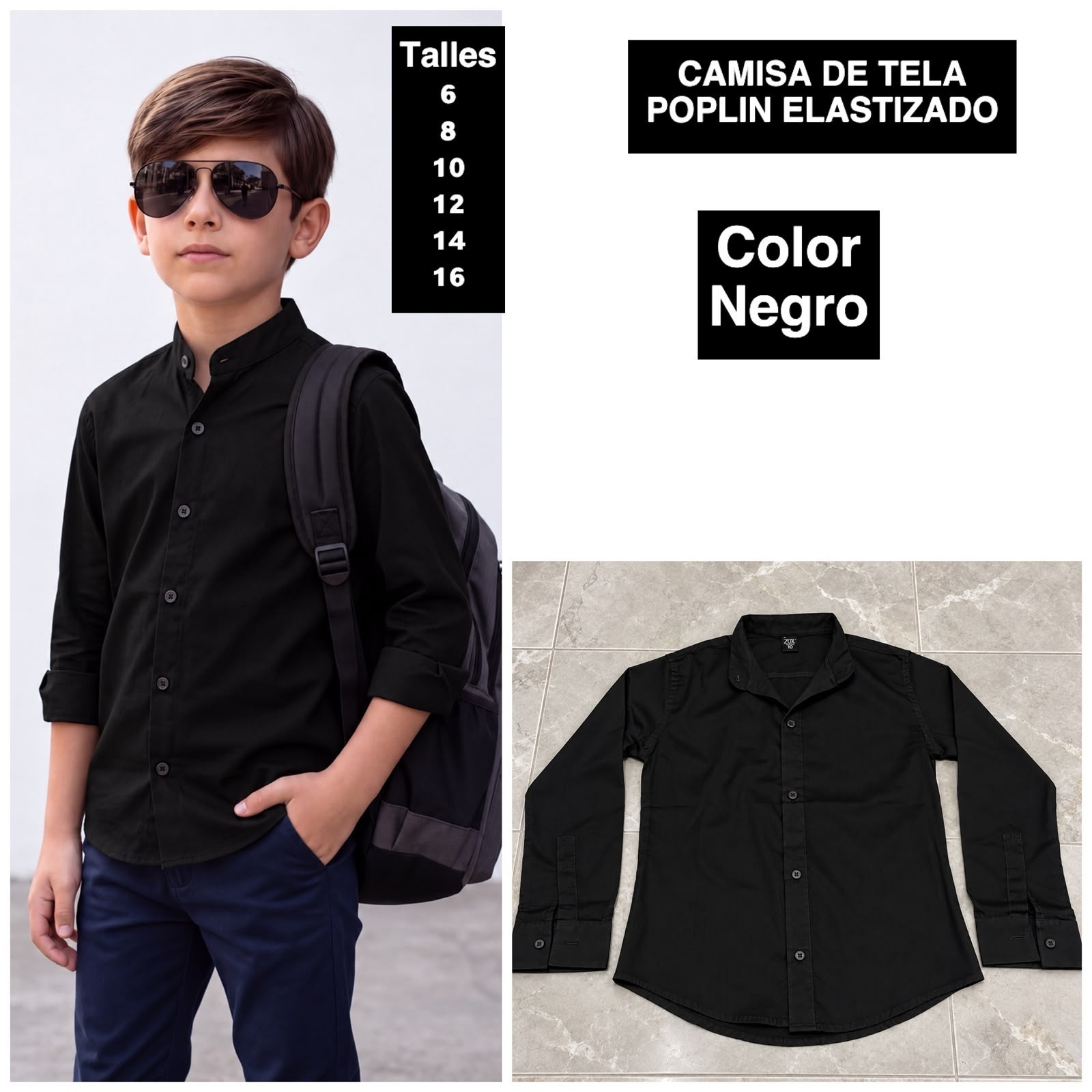 Camisa de Niño Tela Poplin Elastizado  Cuello Mao - Imagen 2
