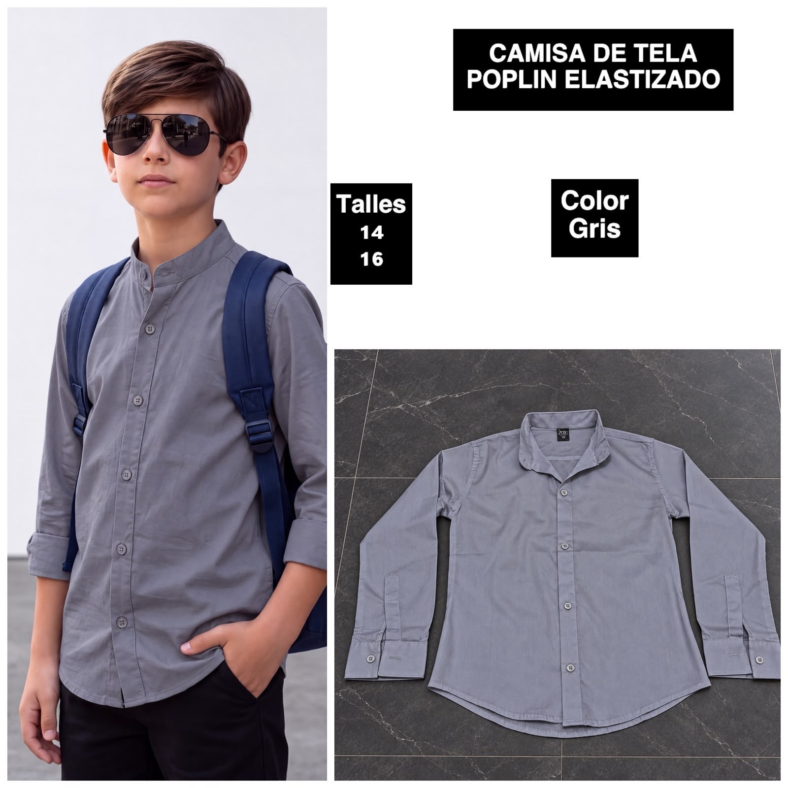 Camisa de Niño Tela Poplin Elastizado  Cuello Mao - Imagen 4
