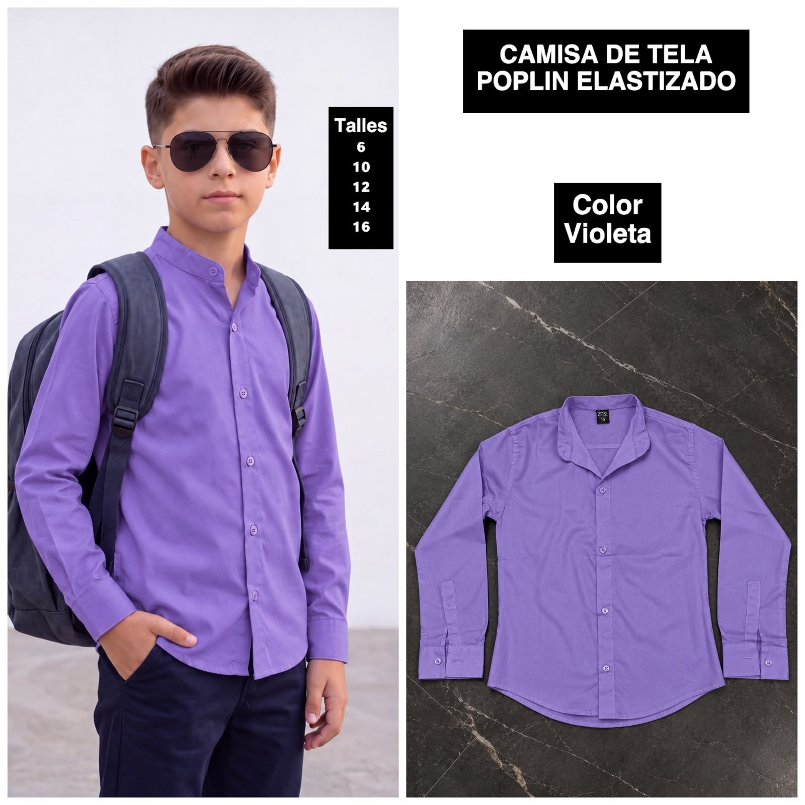 Camisa de Niño Tela Poplin Elastizado  Cuello Mao - Imagen 6