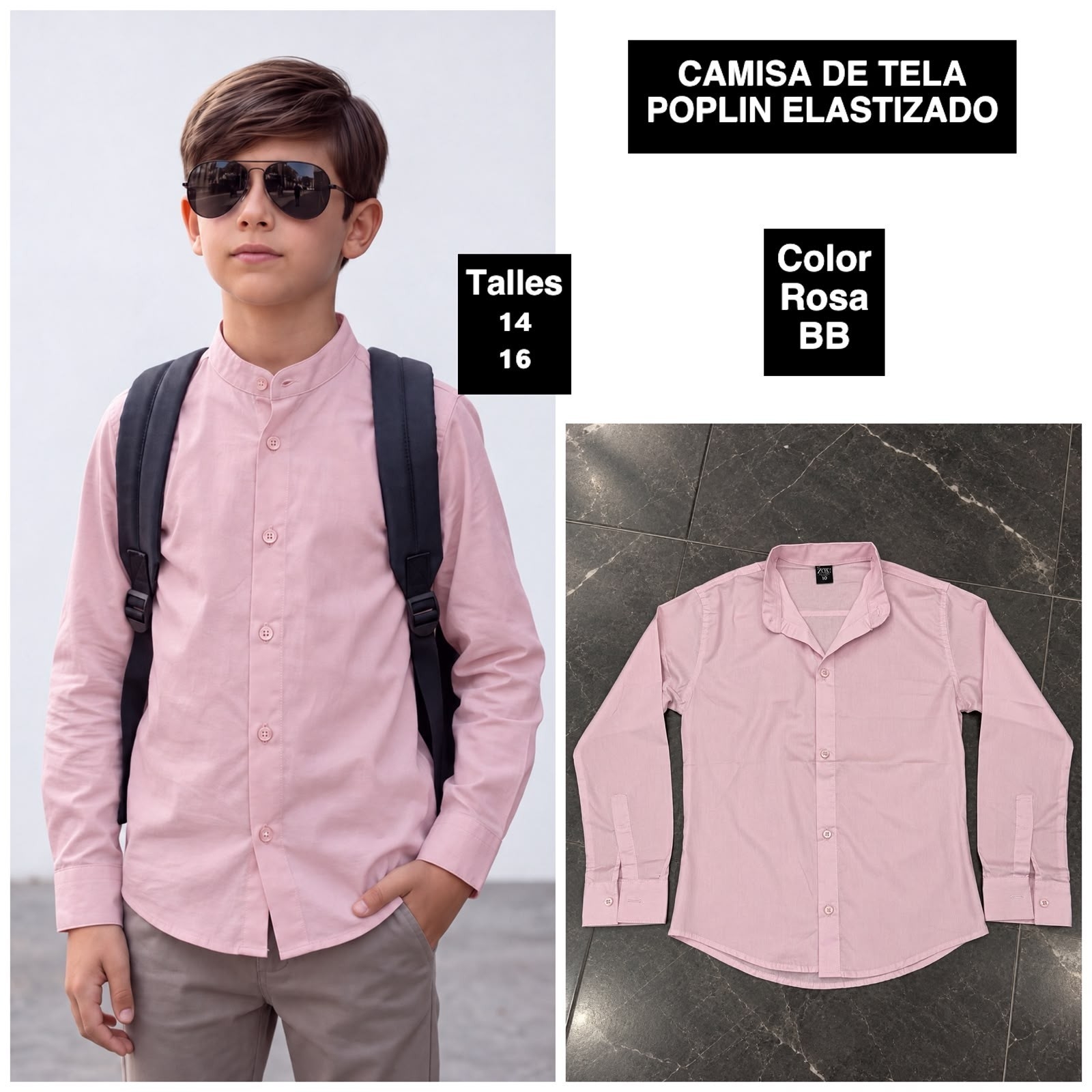 Camisa de Niño Tela Poplin Elastizado  Cuello Mao - Imagen 4