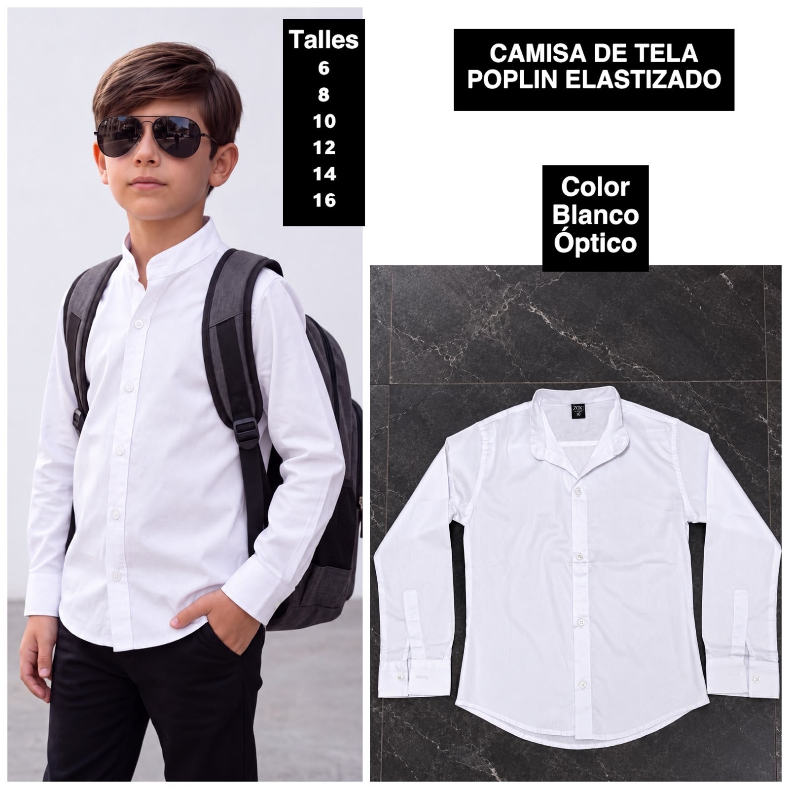 Camisa de Niño Tela Poplin Elastizado  Cuello Mao - Imagen 3