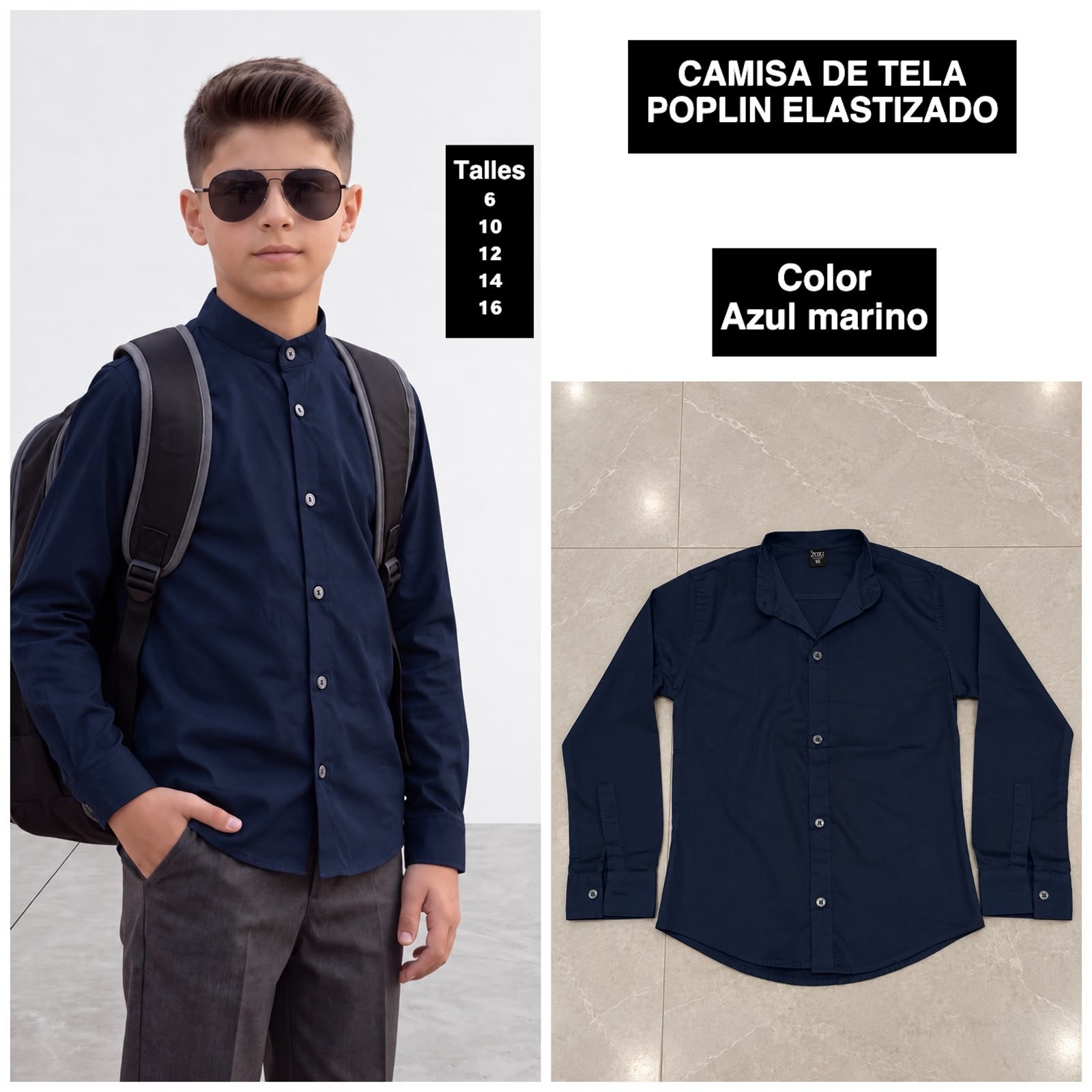 Camisa de Niño Tela Poplin Elastizado  Cuello Mao - Imagen 7