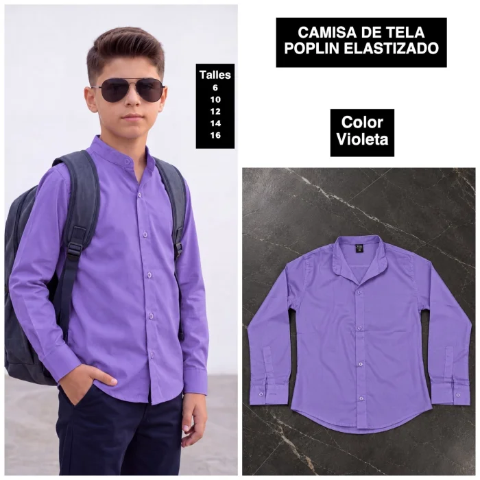 Camisa de Niño Tela Poplin Elastizado  Cuello Mao