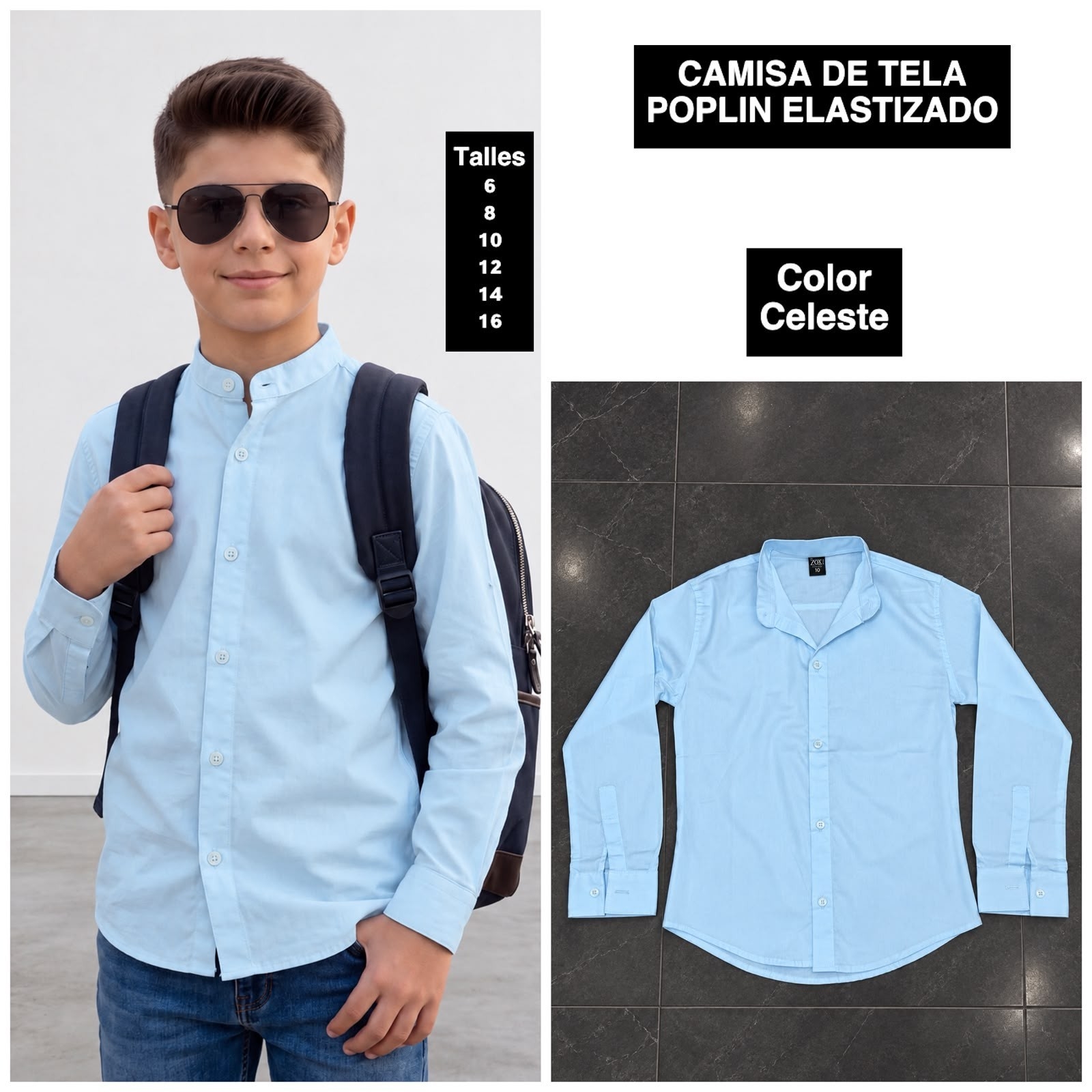 Camisa de Niño Tela Poplin Elastizado  Cuello Mao - Imagen 6