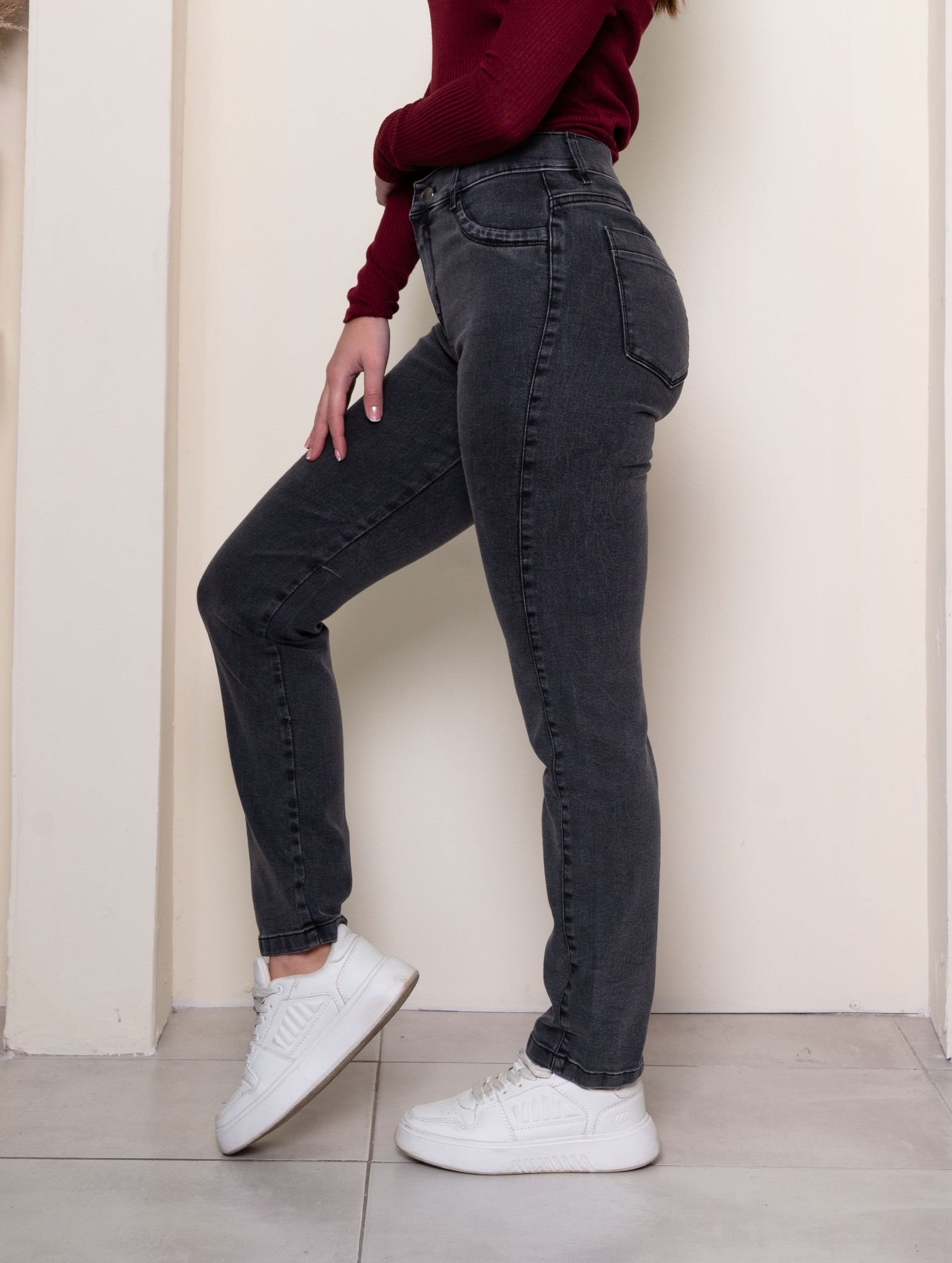 Jeans Recto Gris Liso Elastizado - Imagen 2