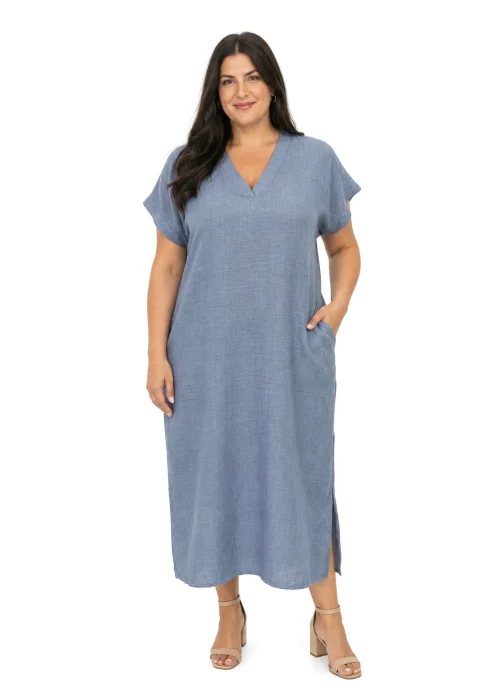 Vestido de Lino Polina Escote V con Bolsillos