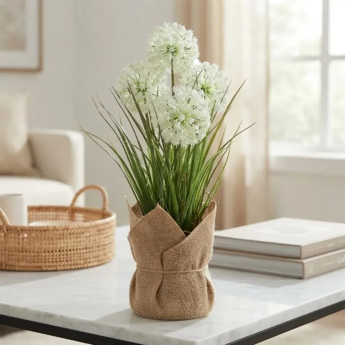 Planta Artificial Flores de Allium Macetero Arpillerera 52cm