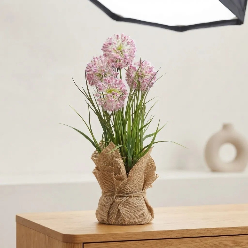 Planta Artificial Flores de Allium Macetero Arpillerera 52cm - Imagen 2