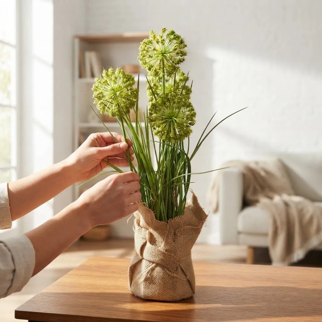 Planta Artificial Flores de Allium Macetero Arpillerera 52cm - Imagen 3