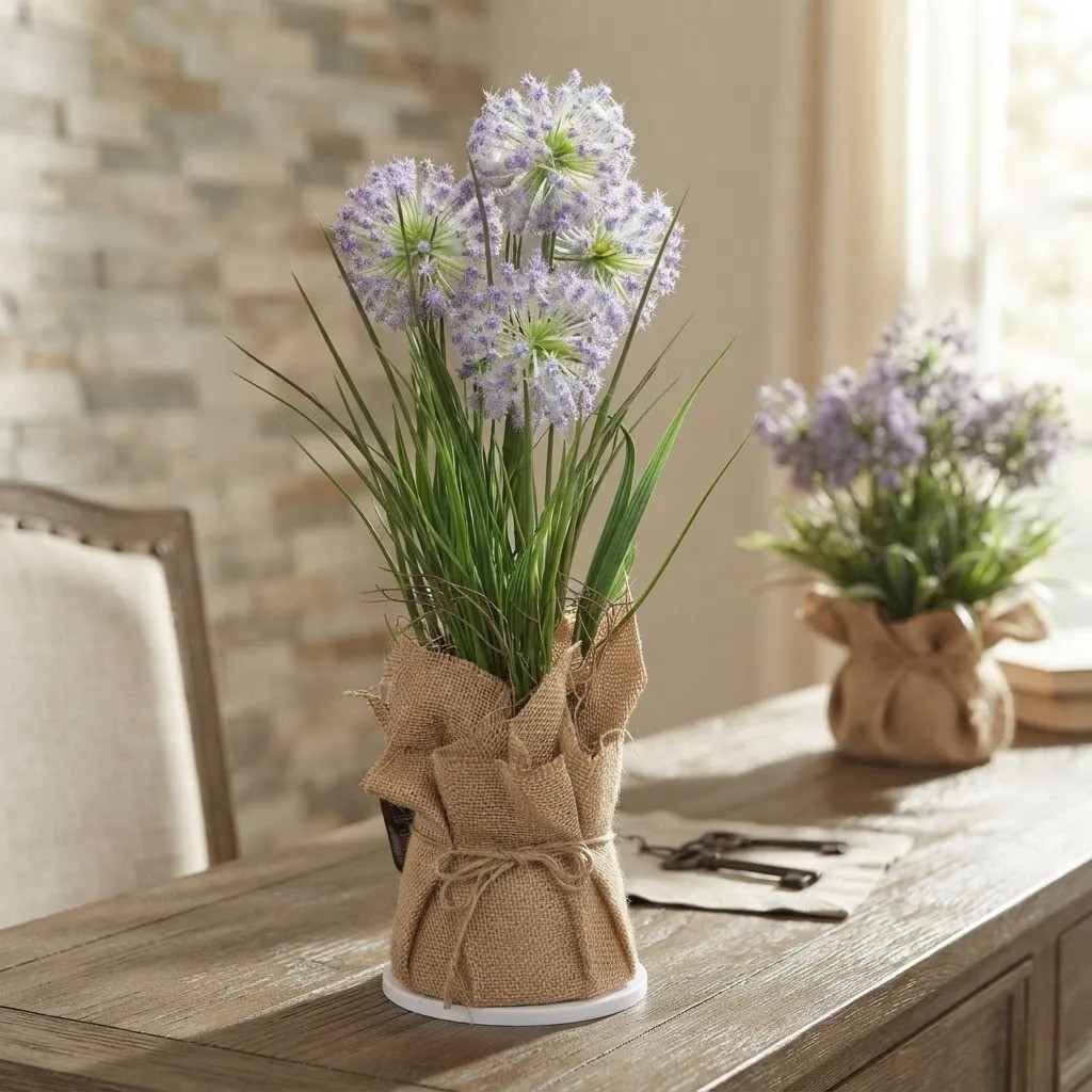 Planta Artificial Flores de Allium Macetero Arpillerera 52cm - Imagen 5