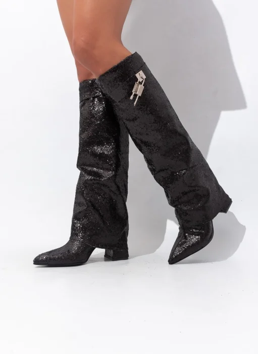 Bota Volcada en Punta Caña Alta Glitter Negro Jael