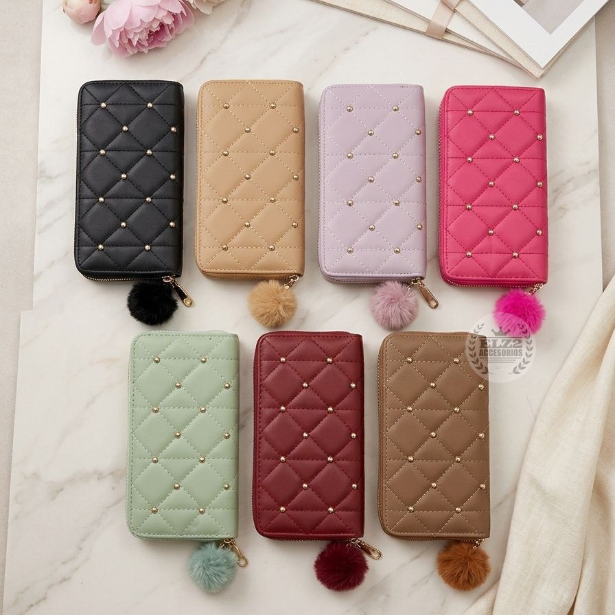 Billeteras Grandes con 2 Compartimentos con Tachas y Pompón - Imagen 2