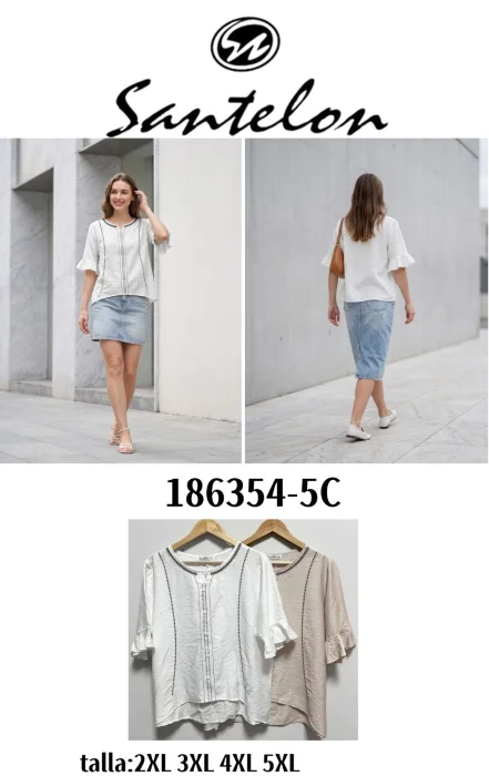 Blusa de Lino Cuello Mao, Talle Especial Bordado.6354