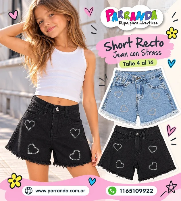 Shorts de Jean Niña Rectos con Strass Corazon