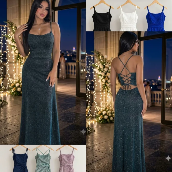 Vestido Glitter con Breteles y Tajo