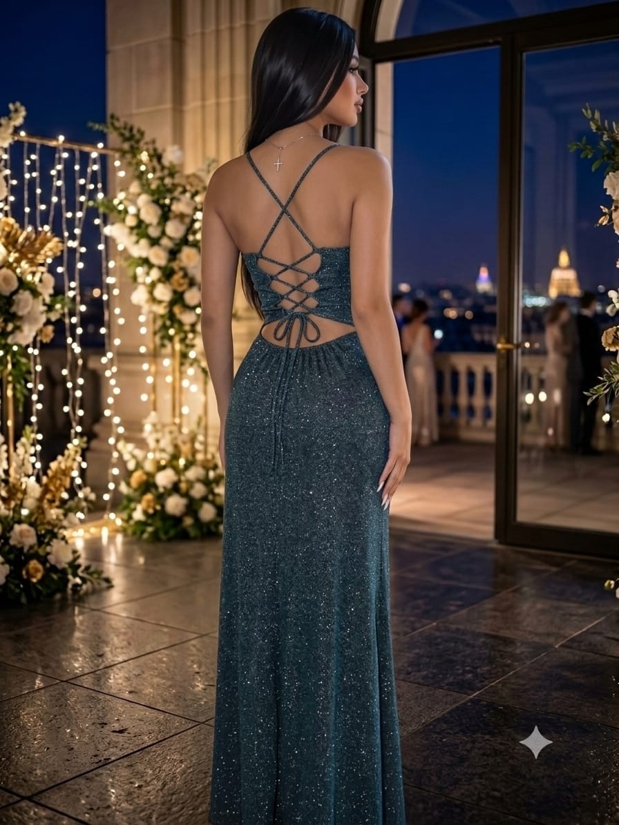 Vestido Glitter con Breteles y Tajo - Imagen 3