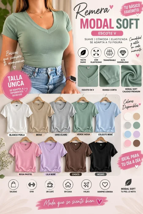 Remera Modal Viscoso Cuello V Talle Unico