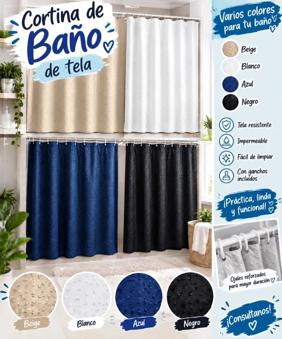 Cortina de Baño Liso  Lavable 180x 180
