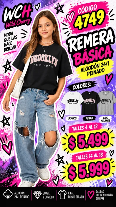 Codigo 4749 Remera Básica Estampada en Algodón 24/1 Peinado