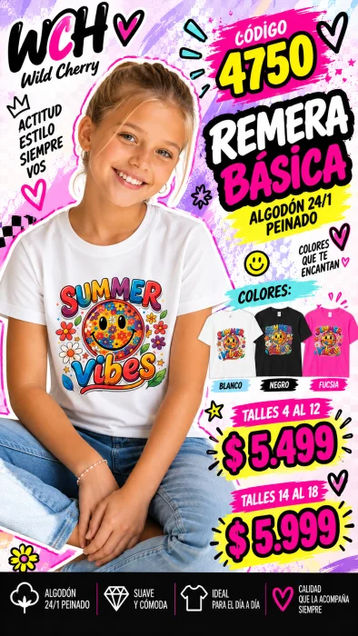 Codigo 4750 Remera Básica Estampada en Algodón 24/1 Peinado