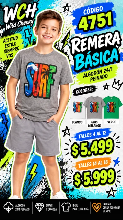 Codigo 4751 Remera Básica Estampada en Algodón 24/1 Peinado