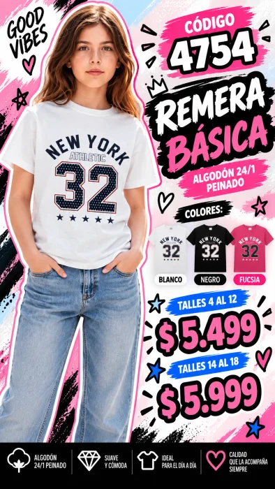 Codigo 4754 Remera Básica Estampada en Algodón 24/1 Peinado