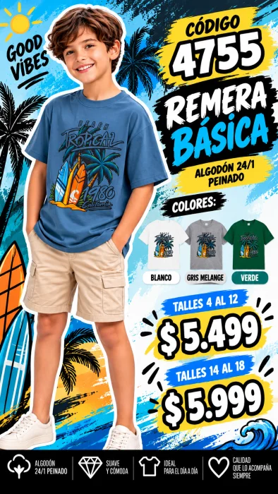 Codigo 4755 Remera Básica Estampada en Algodón 24/1 Peinado