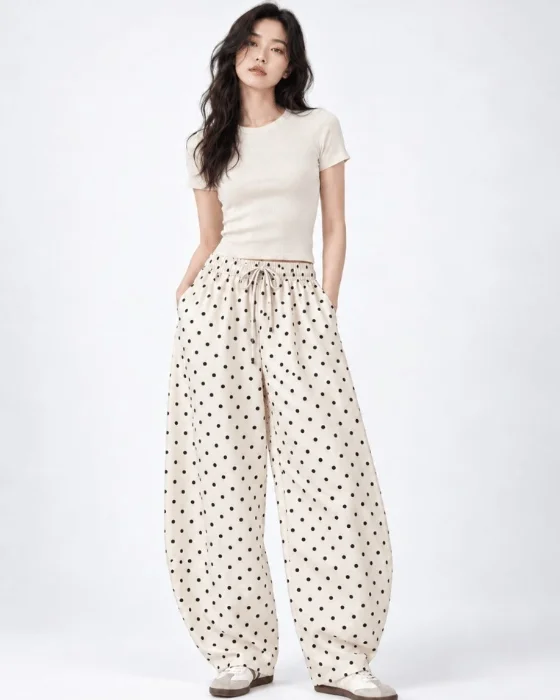 Pantalón Baggy Lunares Tela Lino 100%