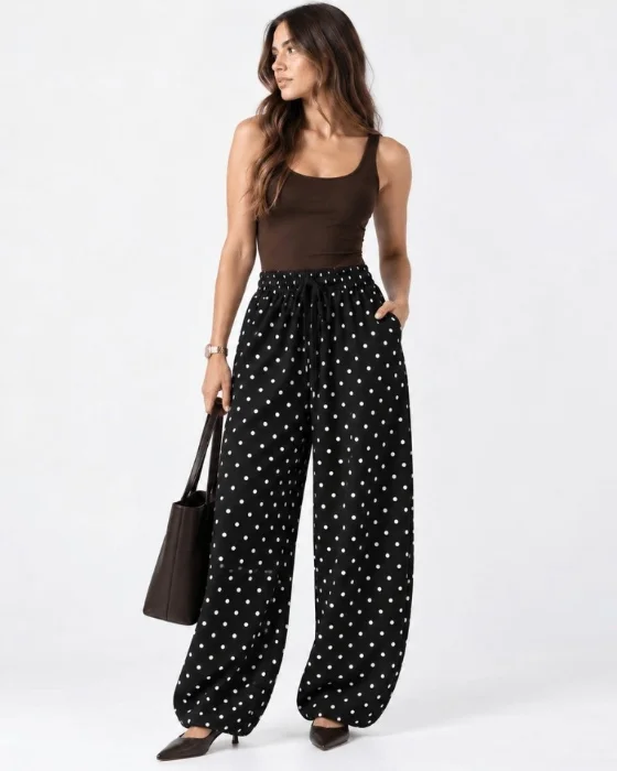 Pantalón Baggy Lunares Tela Lino 100%