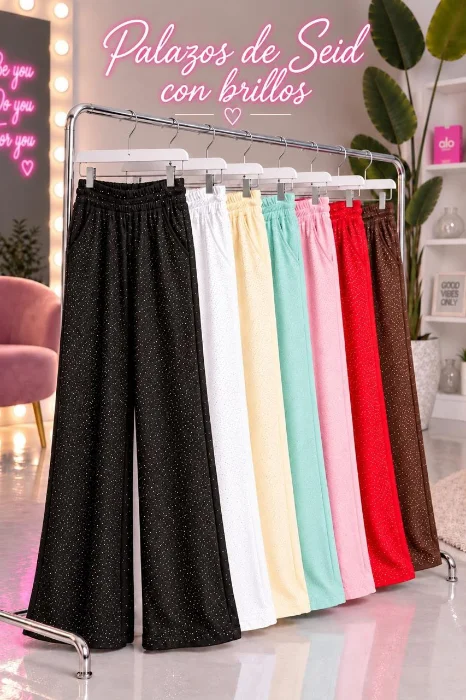 Pantalon Palazo con Strass Bolsillos y Cintura Alta