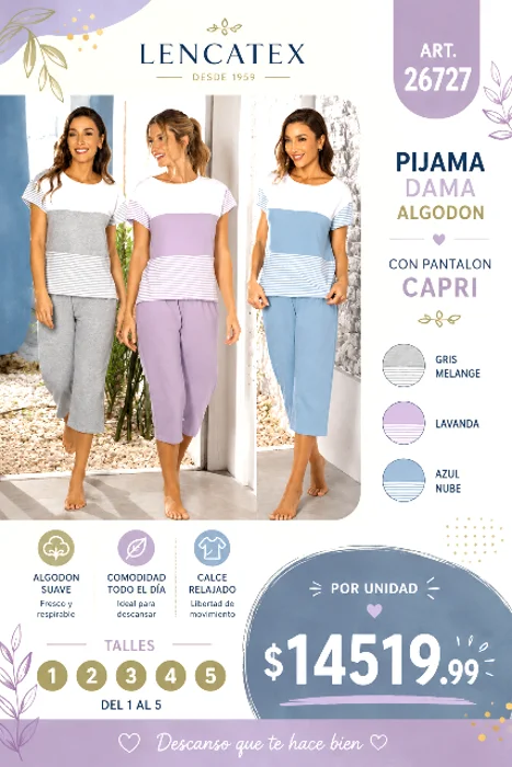 Pijama Dama Algodon Pantalon Capri. Distribuidores Oficiales de Lencatex