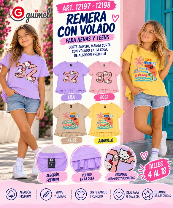 12197 12198 Remera para Nena y Teens Manga Corta Amplia con Estampa