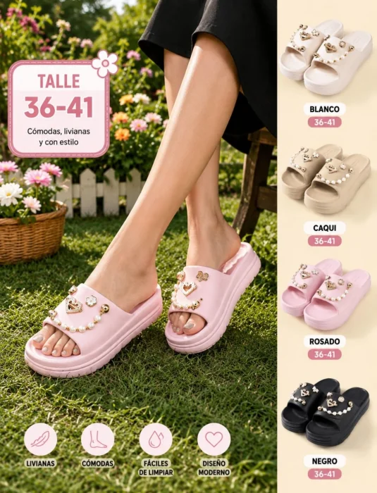 Chinelas Imporadas para Dama con Perlas y Corazon